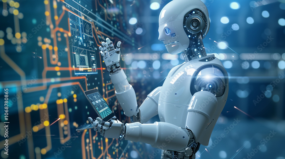 Poster ai-powered robotic arm assembling circuit boards, with a tablet showing real-time data and system di