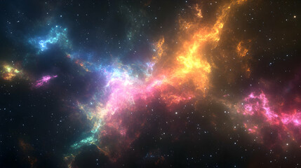 Obraz premium A breathtaking interstellar explosion of light and gas in deep space. The radiant hues of gold, pink, and purple blend seamlessly, resembling a distant galaxy.