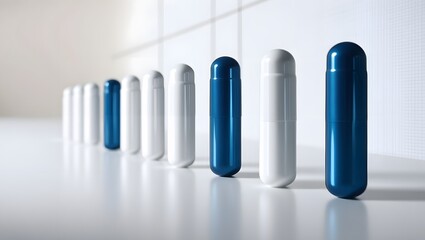 Fototapeta premium Blue and white capsules aligned in a neat row on a plain background