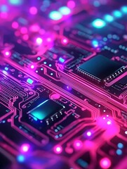 Fototapeta premium Explore the Vibrant World of Circuit Boards Illuminated by Colorful Lights