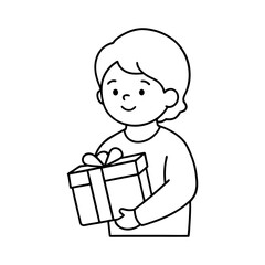 Boy With Gift Box Line Art Illustration