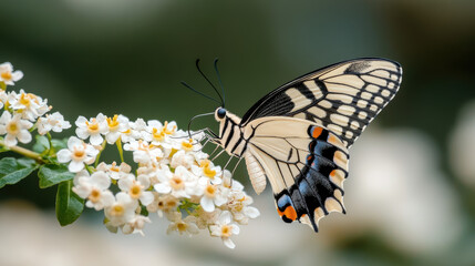 Macro of butterfly feeding on nectar, vivid colors, clear focus on proboscis, bokeh background 