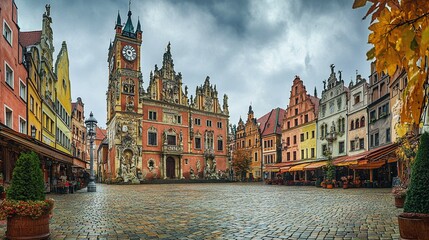 Naklejka premium Historic Town Hall with Clock Tower and Market Square