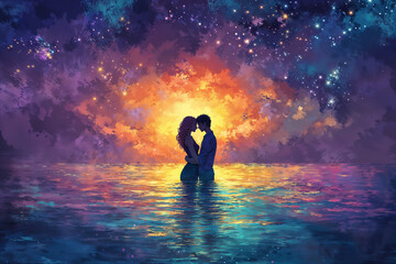 Romantic couple silhouette in magical cosmic sunset