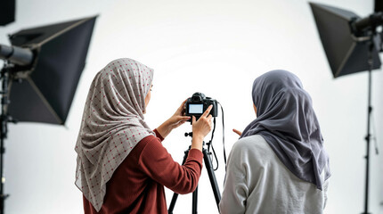Back View Of Arab Women Adjusting DSLR Camera On Tripod In Photography Studio. Photography Studio Collaboration