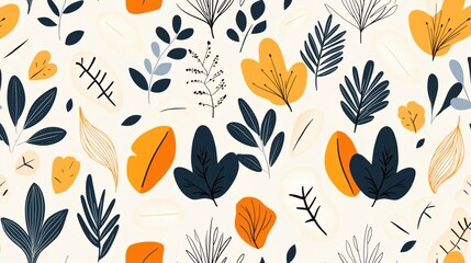 Seamless pattern with abstract autumn leaves in orange, navy, and beige on a light background