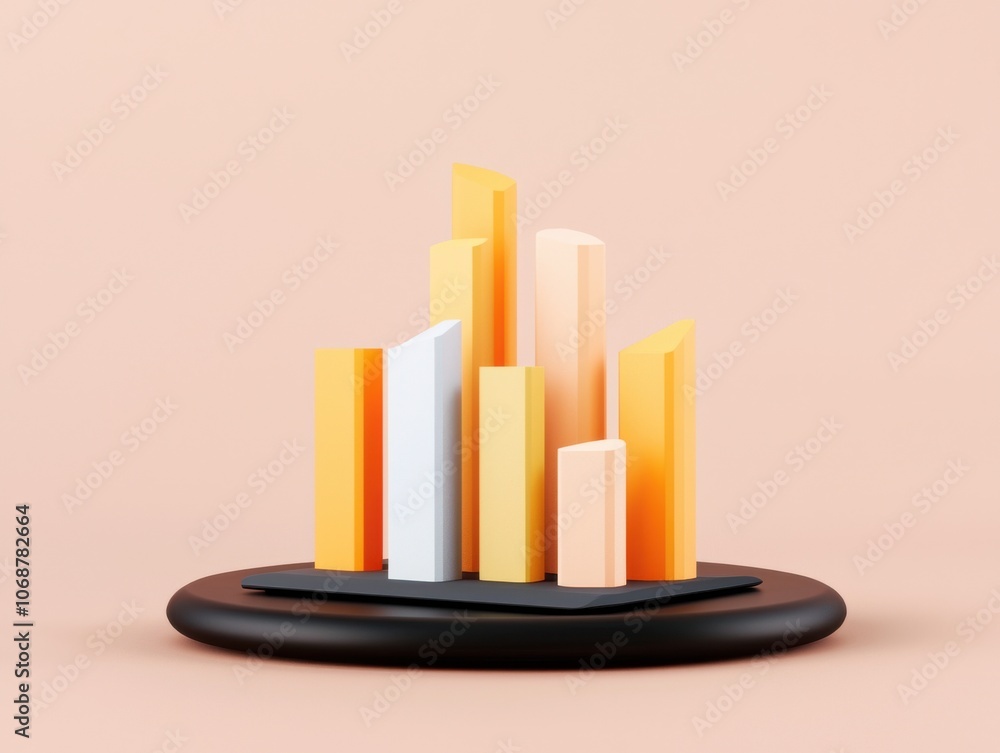 Poster a colorful 3d bar graph on a circular base, highlighting data trends with tall, stylized bars in sha