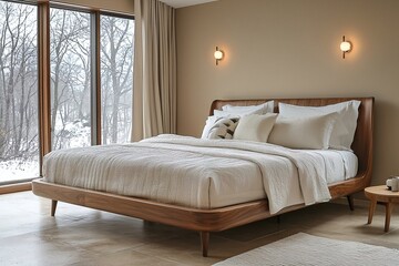Minimalist, mid century modern interiors in residential bedrooms with windows and comfortable beds. Generative AI
