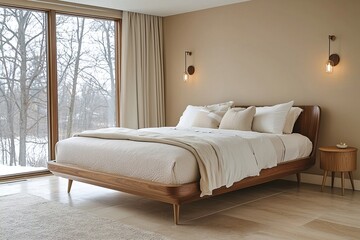 Minimalist, mid century modern interiors in residential bedrooms with windows and comfortable beds. Generative AI
