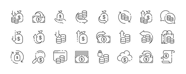 Money icon collection. Earnings, investments design. Money linear icons. Vector icons