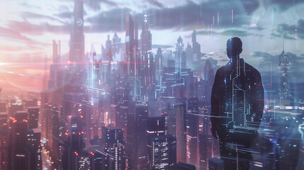 Augmented reality overlay on tablet showing a futuristic cityscape, blending digital technology with the real world.