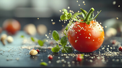 Red Tomato with Seeds, Basil, and Spices on a Dark Background - Realistic Image