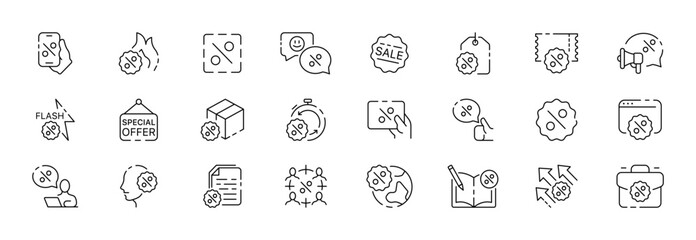 Discount icon collection. Sale design. Special offer. Sale percent. Linear style. Vector icons