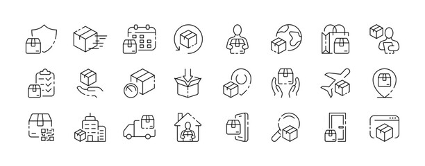 Delivery icon collection. Delivery design. Delivery car and box. Linear style. Vector icons