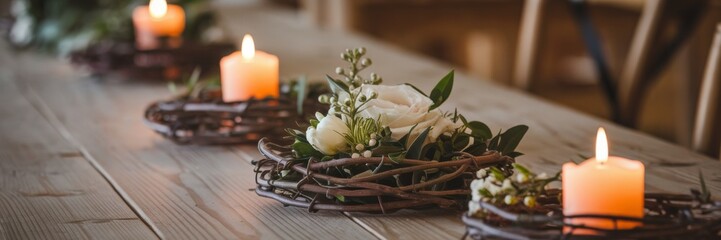 Charming rustic wedding banner with wooden tables decorated with small vine wreaths. On each wreath, a flickering candle emits a warm light combined with an elegant composition of seasonal flowers.