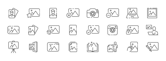 Gallery icon collection. Photography button design. Gallery buttons. Landscape button. Line icons. Vector icons