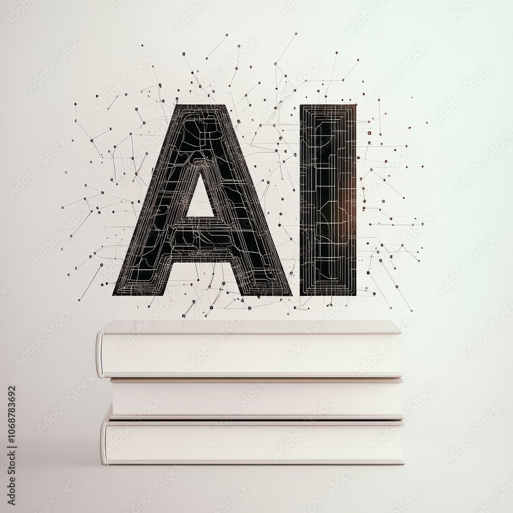 Poster books stacked with an artistic representation of ai above them, symbolizing knowledge.