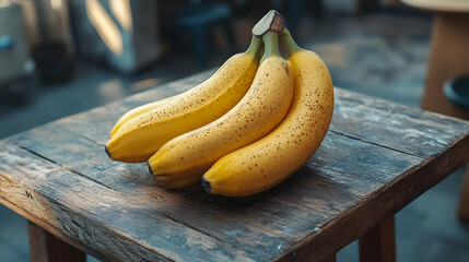 Yellow Bananas on Wooden Table, Still Life Photography