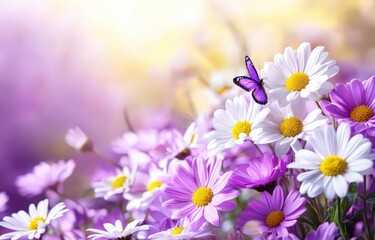 A beautiful butterfly rests on a flower in a field of purple and white daisies.