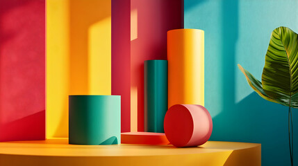 Obraz premium An abstract 3D-rendered cityscape with towering geometric structures illuminated by neon-colored lights.