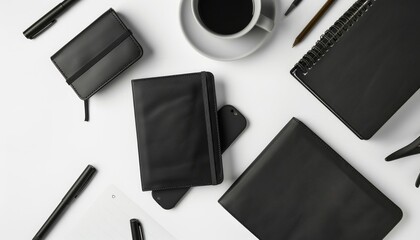 Modern Business Efficiency: Black Notebook Mockup Collection on White Desk