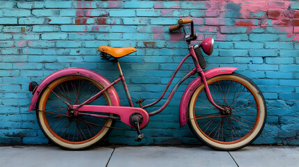 Pink Bicycle Leaning Against Blue Brick Wall Photo