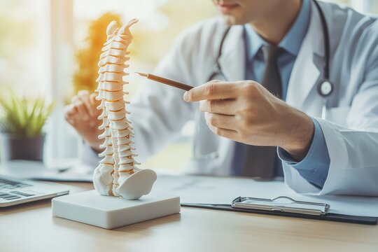 Doctor with human Spine anatomy model Spinal Cord Disorder anchiropractic Office Syndrome and health and explaining the spine to a patient