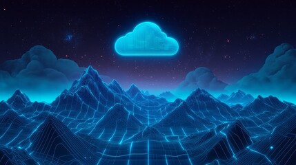 A glowing blue cloud hovers over a futuristic digital landscape with mountains and a grid-like surface.