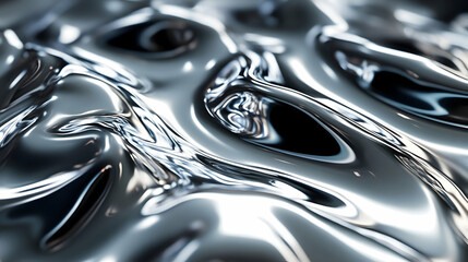 A close-up of an abstract liquid chrome surface with mesmerizing reflections and a futuristic high-tech appearance.