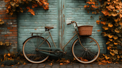 Vintage Bicycle Leaned Against a Brick Wall with Autumn Leaves Photo