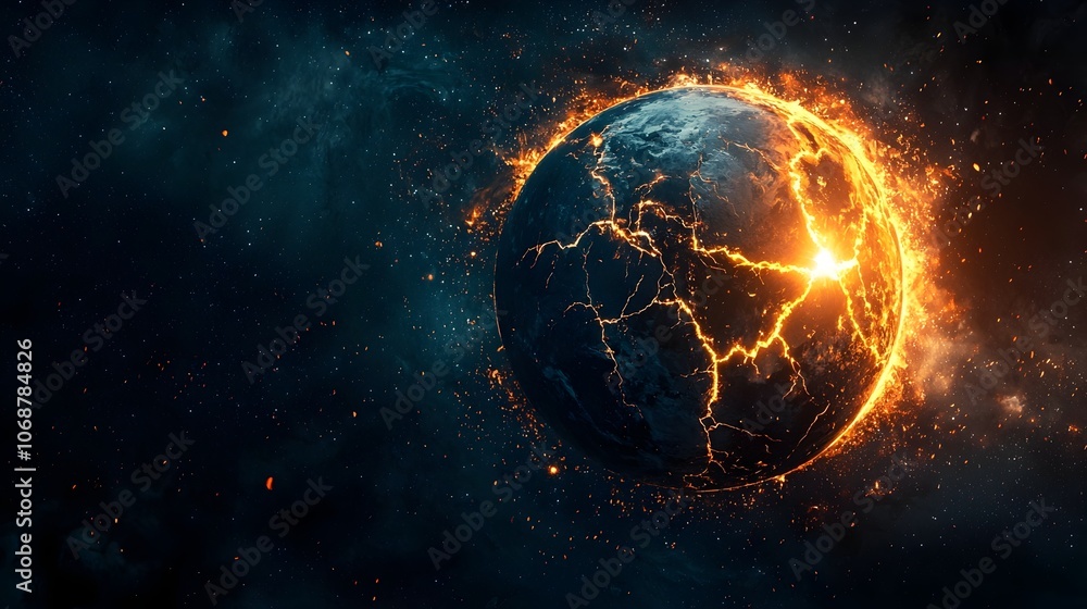 Poster fractured planet earth with glowing fault lines representing fragility and urgent need for protectio