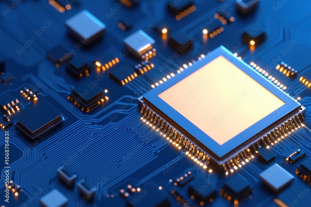 Poster a close-up view of a computer chip on a blue circuit board with intricate details of electrical comp