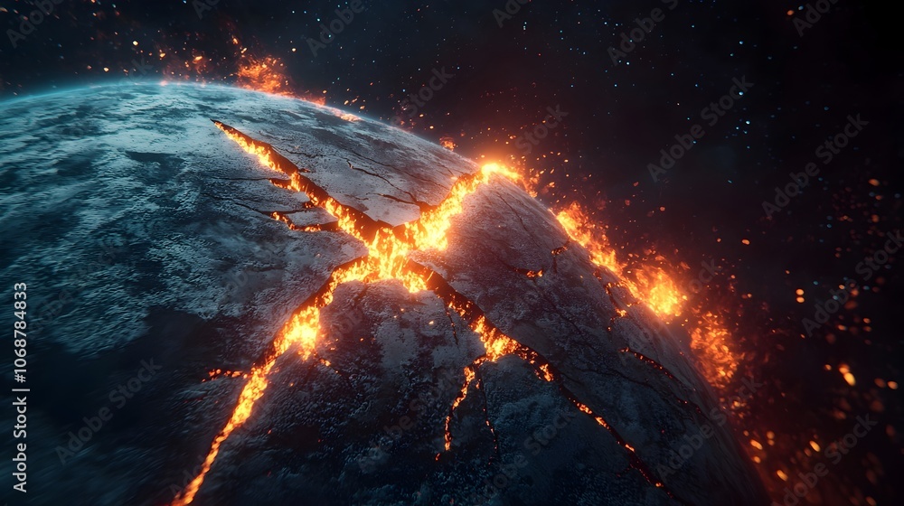 Poster fractured planet earth with glowing fault lines representing global fragility and need for protectio