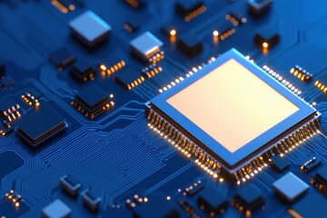 A close-up view of a computer chip on a blue circuit board with intricate details of electrical components and connections.