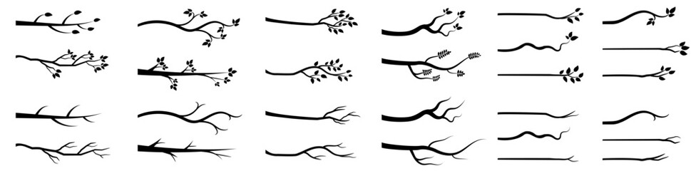 Vector illustration set of black tree branches with leaves and without leaves, bare tree branch silhouettes, icons