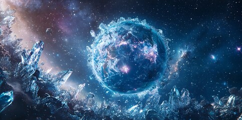 Ethereal Crystal Planet Earth Floating in Radiant Cosmic Backdrop