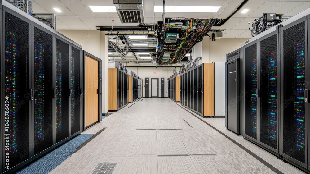 Poster modern data center with server racks and cabling