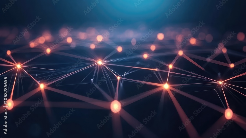 Poster a vibrant abstract representation of a network, featuring interconnected nodes and glowing lines, sy