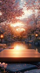 Fototapeta premium Serene cherry blossom garden at sunset with lantern-lit tranquil pond