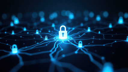 Illustration of a digital network with a central padlock symbolizing security and privacy.