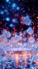 Futuristic ice cubes and illuminated platform in abstract neon setting