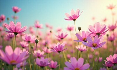 Fototapeta premium Vibrant cosmos flowers Meadow in full bloom Soft