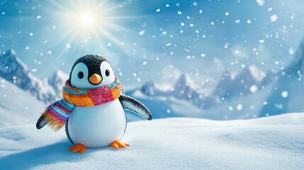 Adorable Penguin Sliding on Ice in Stunning Snowy Mountains – Perfect Poster for Sports Decor and Winter Wonderland Themes!