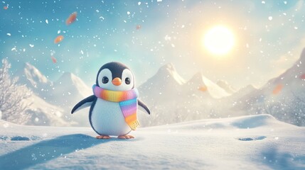 Adorable Penguin Sliding on Ice in Stunning Snowy Mountains – Perfect Poster for Sports Decor and Winter Wonderland Themes!
