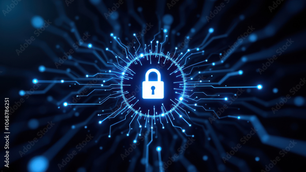 Poster digital blue lock encryption symbol with glowing neon cyber network background.