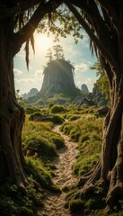 Mystical forest pathway leading to majestic mountain peak in golden sunlight