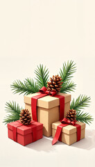 Elegant Christmas Gift Boxes with Pine Branches and Pinecones on Light Background