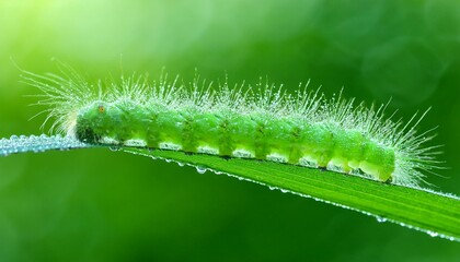 Fototapeta premium Green caterpillar on leaf with morning dew, detailed texture of tiny hairs
