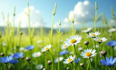 Wildflower meadow daisies chamomile blue cornflowers green grass