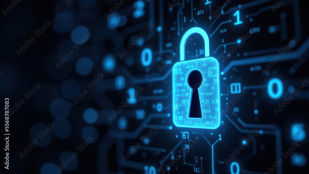 Aufkleber a digital graphic representing cybersecurity with a padlock and circuit board motif.
